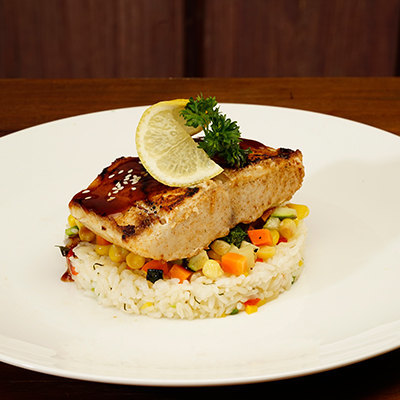 Pan Seared Black Cod served with Sautee Zucchini Carrot Sweet Corn